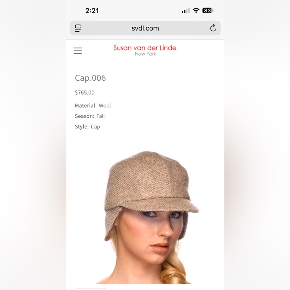 Premier hat maker, Susan Van Der Linde cap